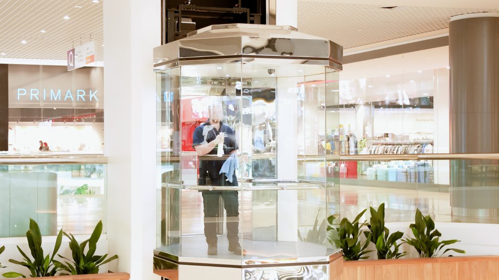 Queensgate staff using chemical free cleaning in their shopping centre